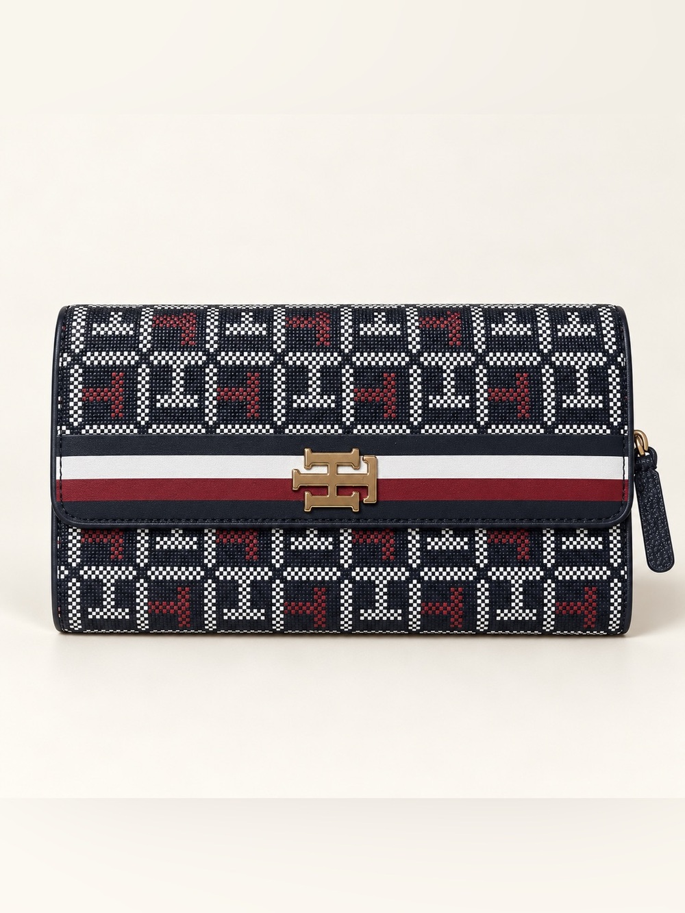 Tommy Hilfiger Monogram Flap Wallet Navy Red White Gold Logo